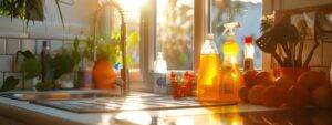 a bright, sunlit kitchen countertop showcasing an array of vibrant stain removal products and tools, emphasizing effective diy solutions for maintaining cleanliness in rental spaces.